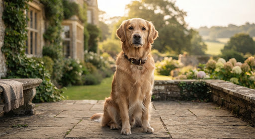 Golden retriever sitting in a garden