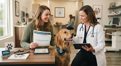 Pet parent and vet with a golden retriever